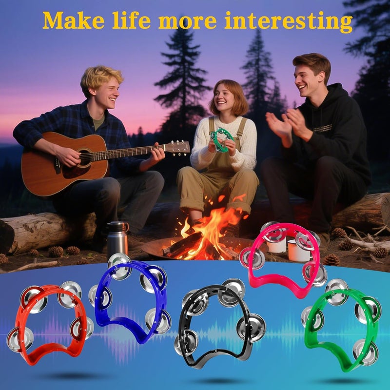 TENINYU Pack of 5 Half Moon Musical Tambourine, Double Row Metal 4 Jingle Bells Mini Hand Held Percussion Drum with Ergonomic Handle Grip (5 Color) - Image 3